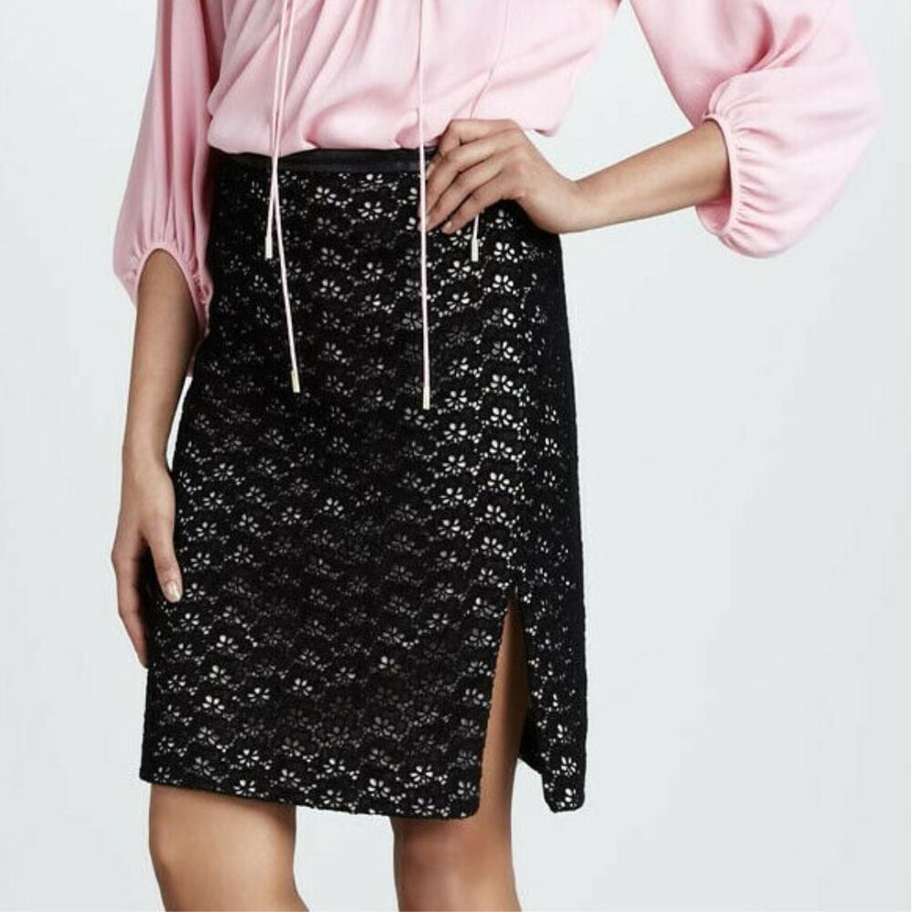 Diane Von Furstenberg DVF Stevie Acorn Lace Black Faux Leather Trim Pencil Skirt